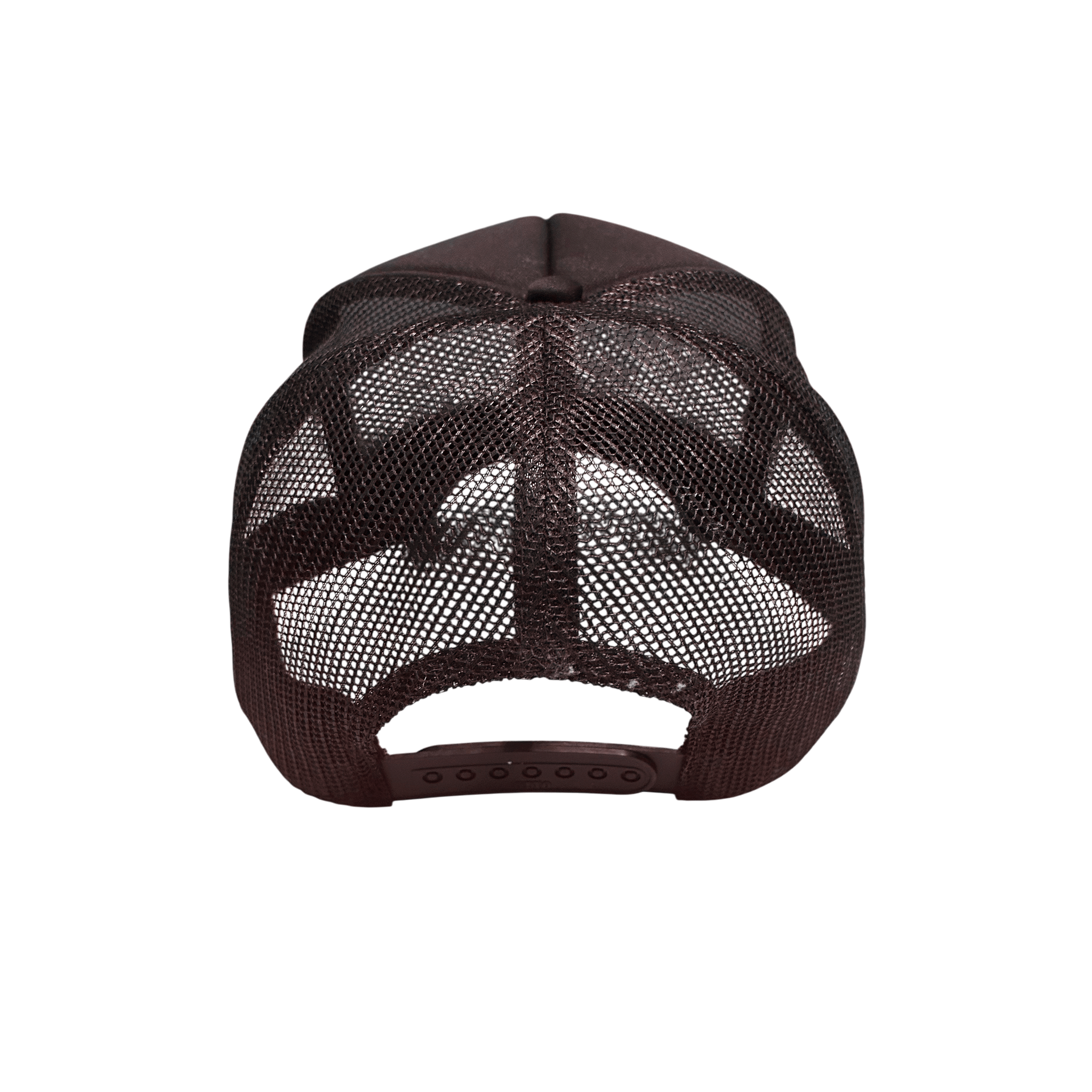 Back view of BFBRKN Trucker (Brown) showing mesh and adjustable strap, perfect for comfort and style.